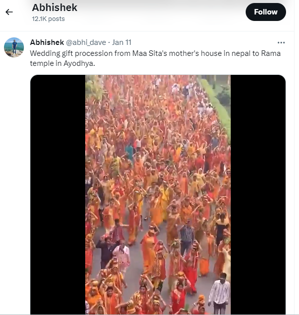 नेपालबाट भारतको अयोध्यास्थित रामको मन्दिरतर्फ गइरहेको विवाह जुलुसको भन्दै फैलाइएको भिडियो&nbsp;भ्रामक